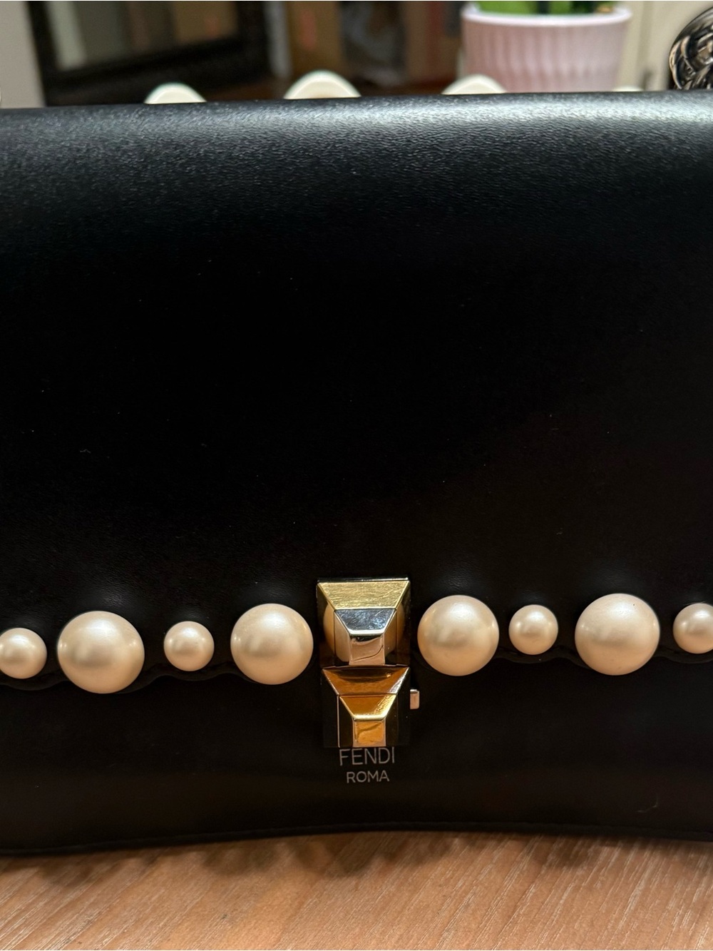 Fendi Black Leather Kan Pearl Shoulder Bag